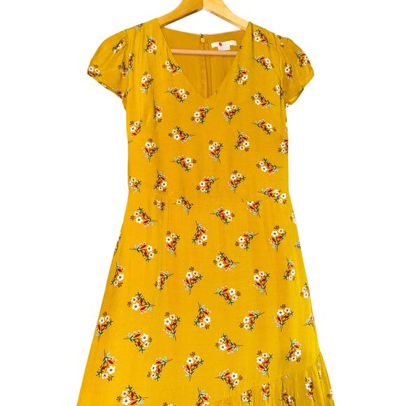Boden Amee Midi Dress Asymmetrical Ruffle Floral Womens Sz 4 Cottagecore Mustard - Picture 5 of 13